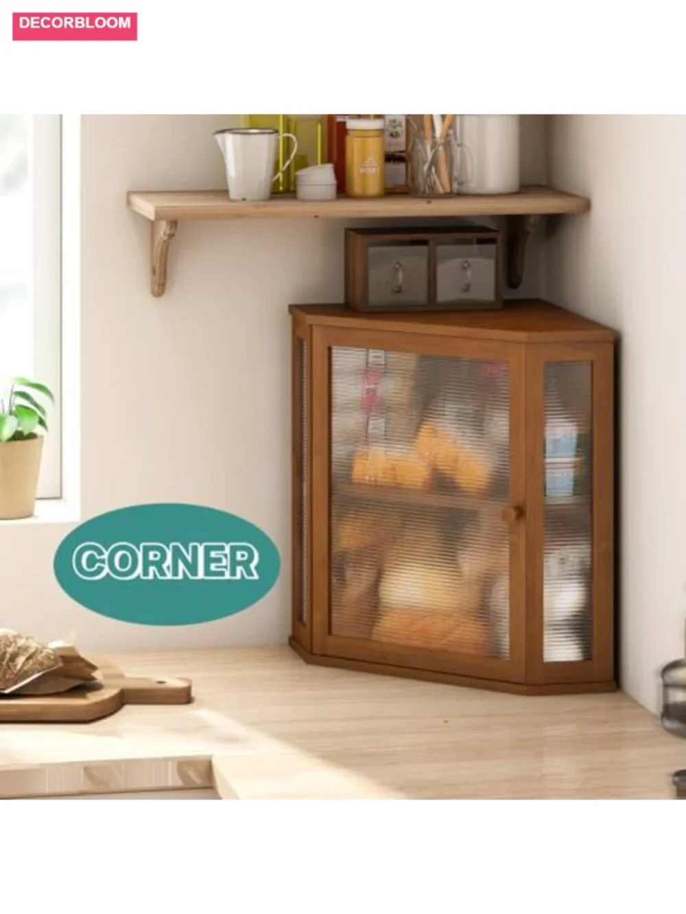 Large Capacity Bamboo Wood Bread Box, Corner Storage with Acrylic Wavy Door